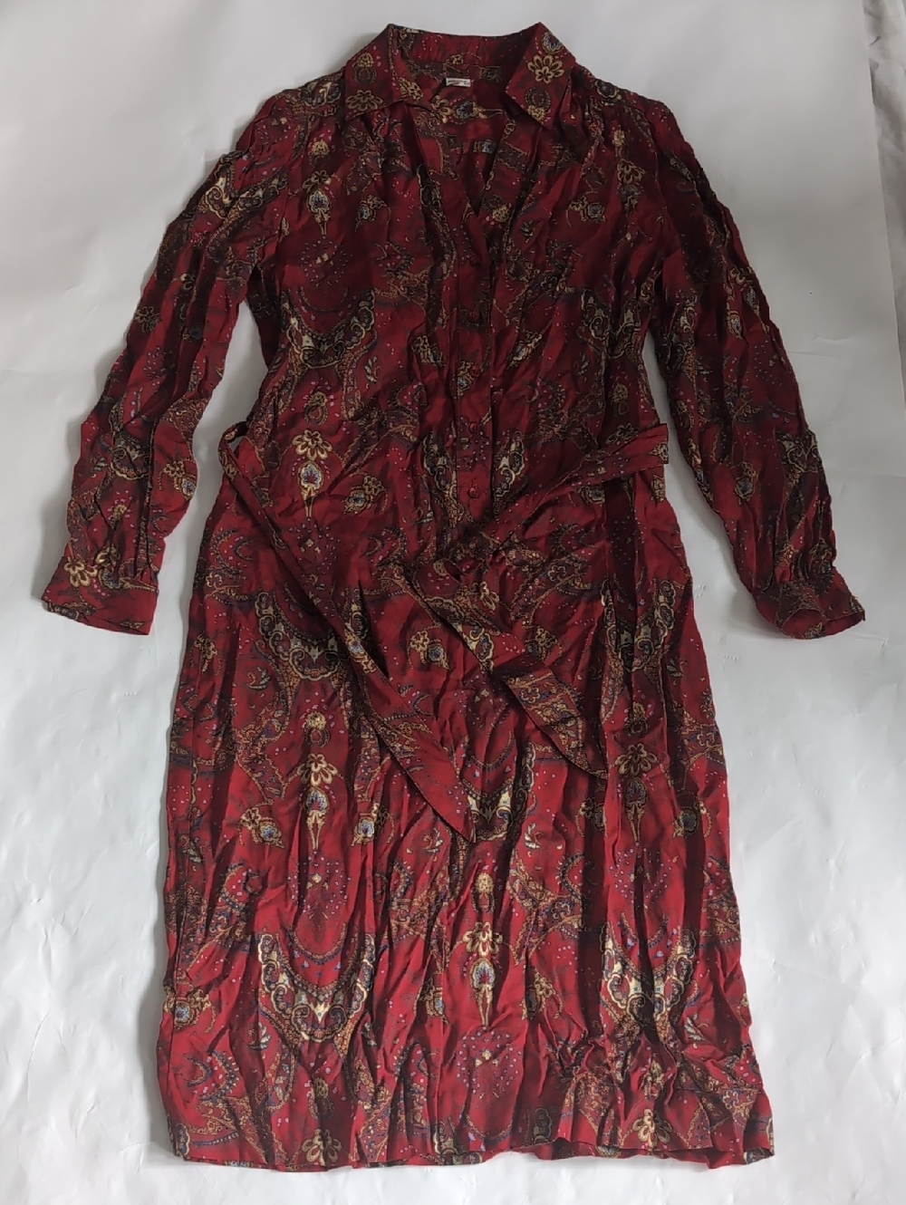 Vintage ILGWU Made In USA Long Sleeve Red Paisley Button Front Dress